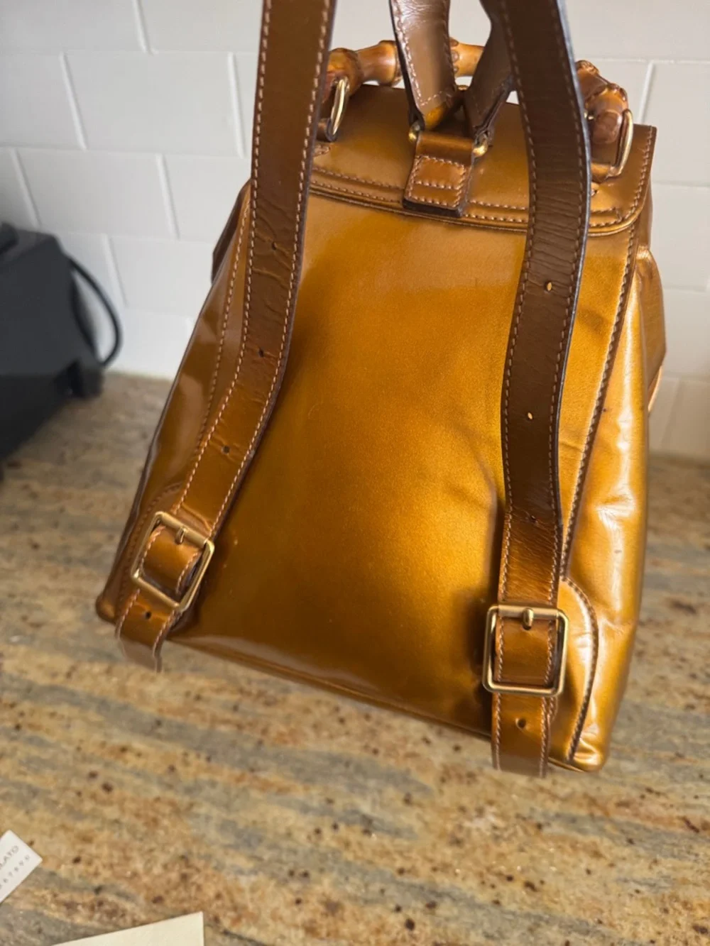 Gucci mini Patent Leather Drawstring Backpack ,, Bamboo Handle VTG Bronze - Picture 17 of 17